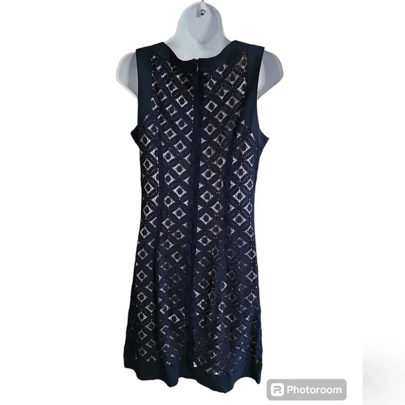 Sharagano Size 6 Navy Gold Diamond Mod Cocktail Shift Dress Retro Glam Luxe - Picture 4 of 8